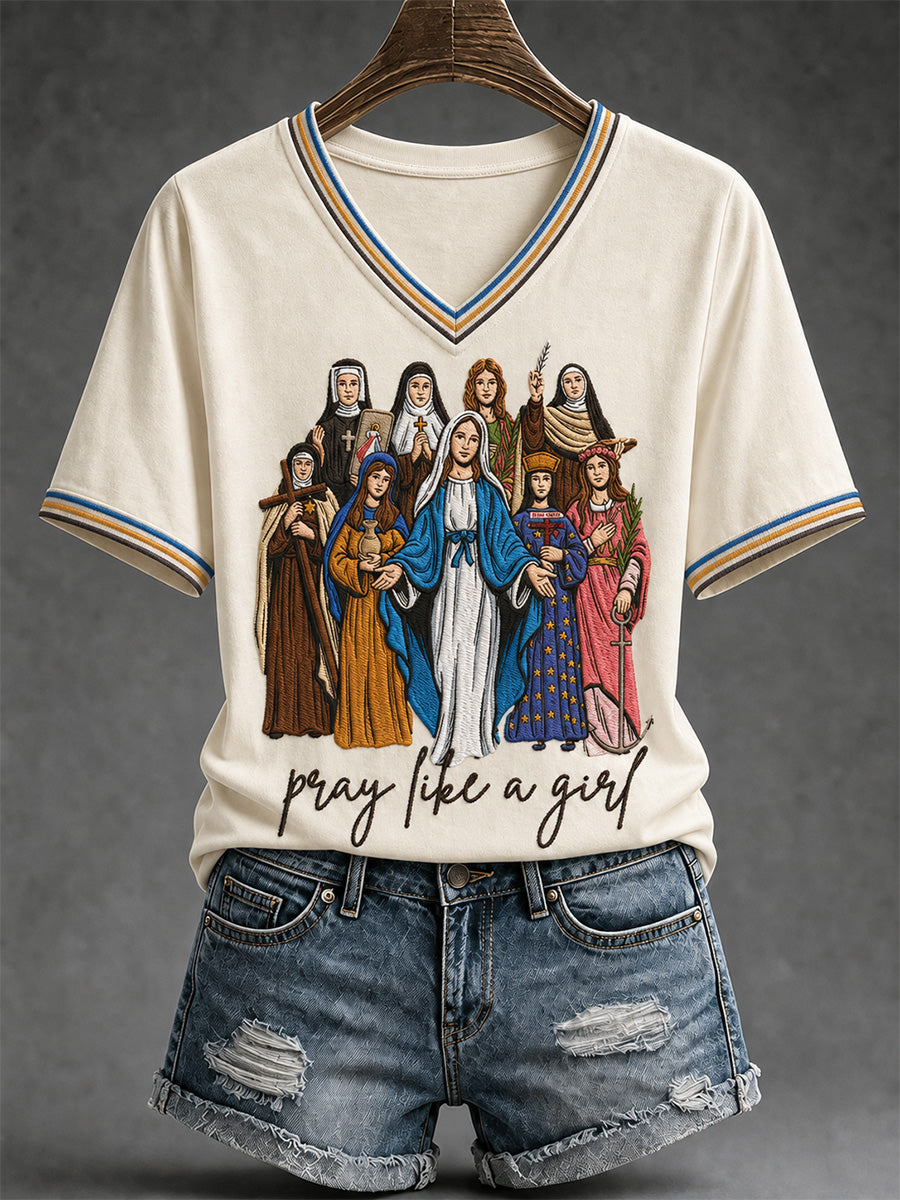 Women's Pray Like A Girl Print Casual V-Neck Tee