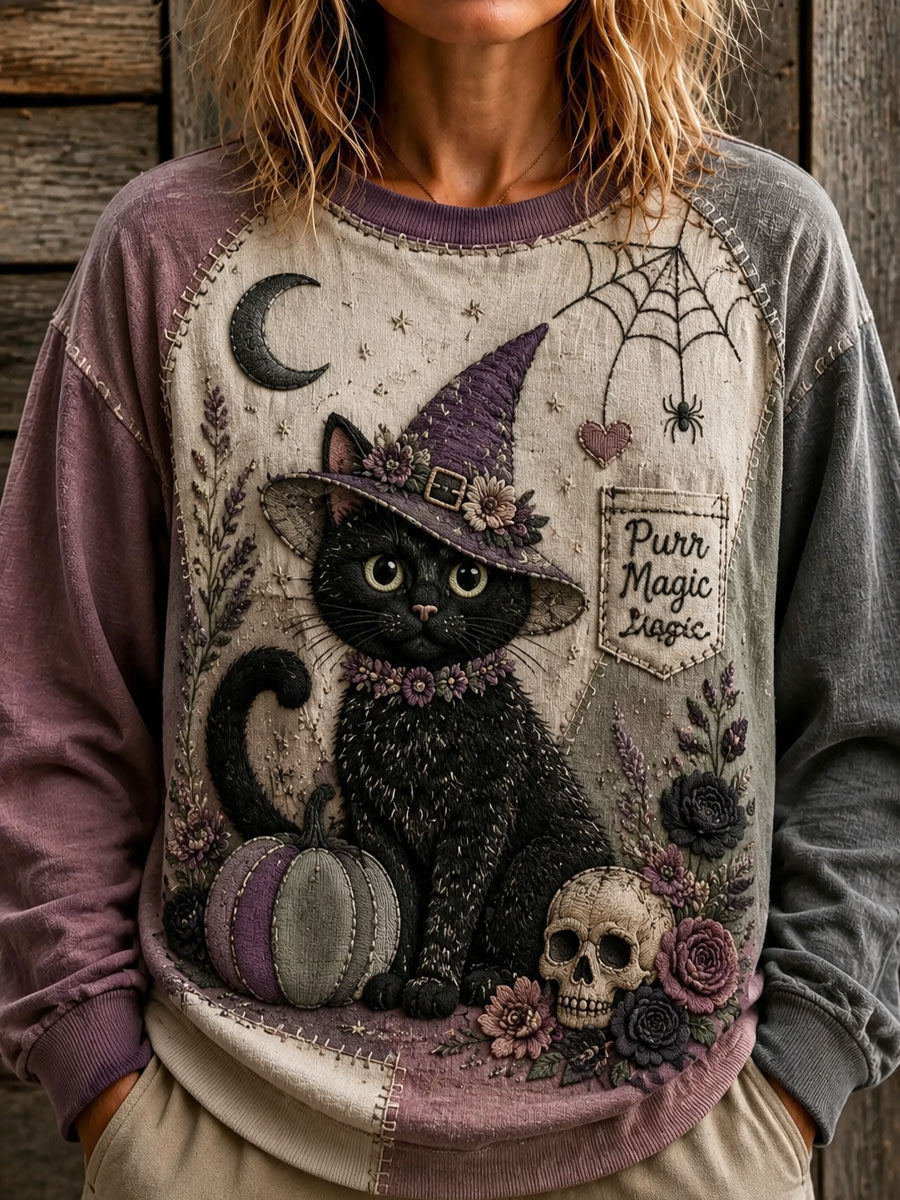 Women's Floral Patchwork Cat Print Hoodie