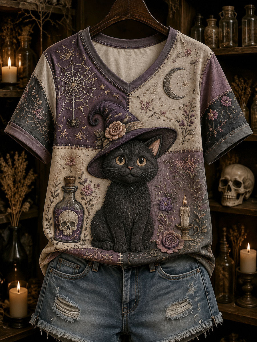 Women’s Gothic Patchwork Floral Cat Print T-shirt