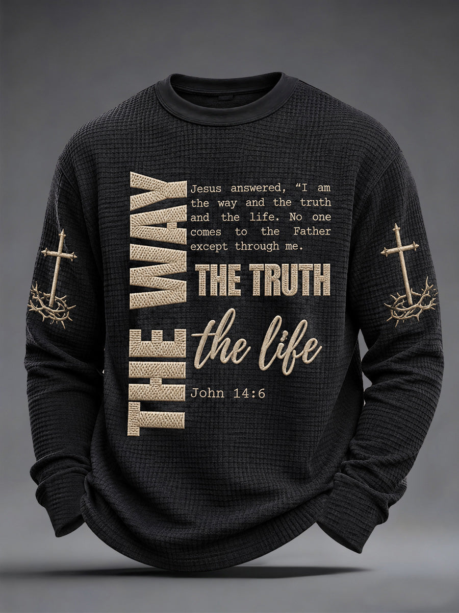 Men's Jesus The Way The Truth The Life Print Casual Waffle Long Sleeve Top