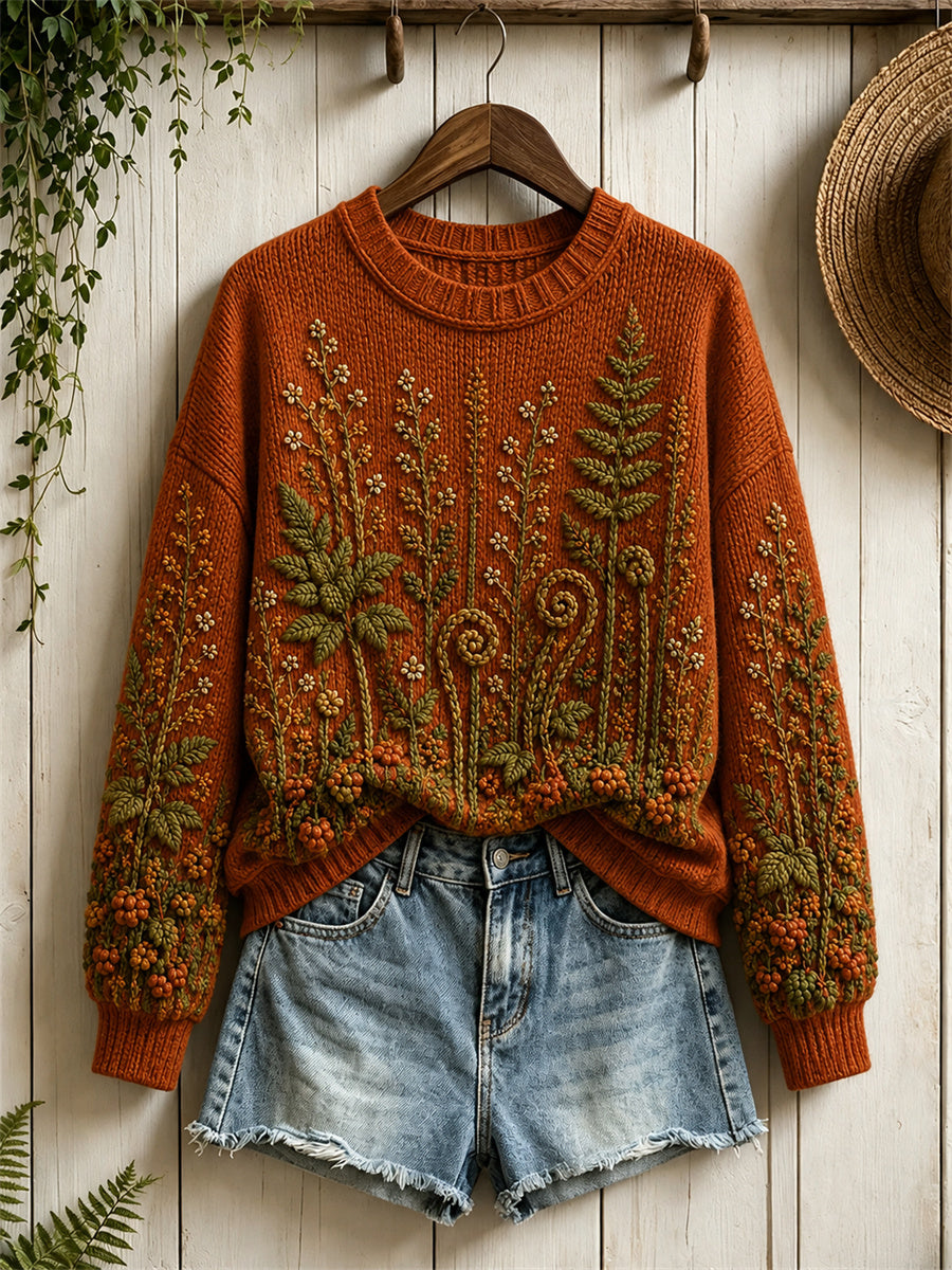 Women's Vintage Forest Fall Berries & Fern Floral Print crew neck sweater