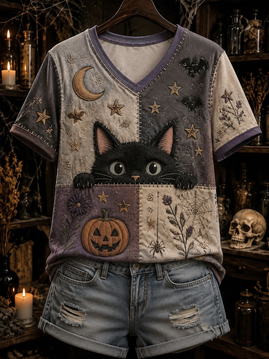 Women’s Gothic Patchwork Floral Cat Print T-shirt