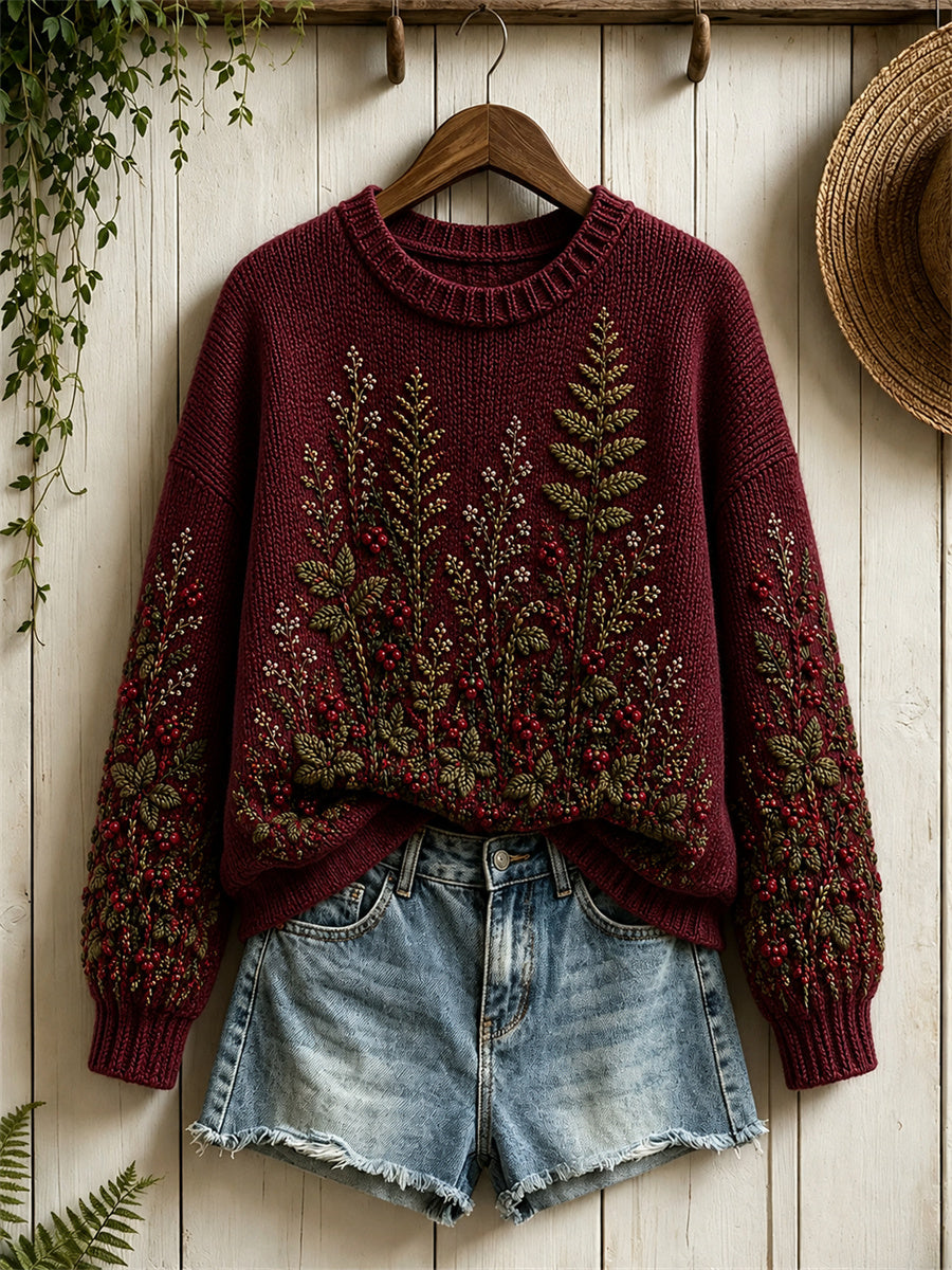 Women's Vintage Forest Berries & Fern Floral Print crew neck sweater