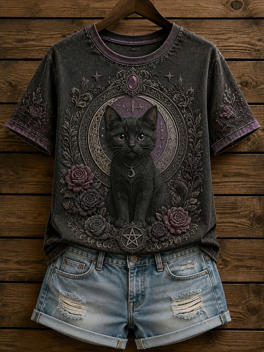 Women’s Gothic Patchwork Floral Cat Print T-shirt