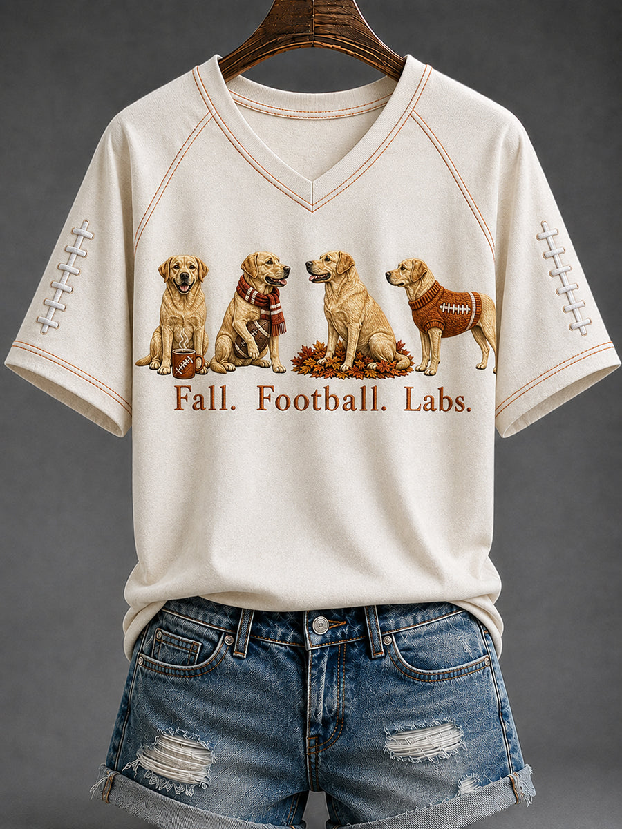Women's Fall Football Yellow Labs Print V-neck Short-sleeved T-shirt