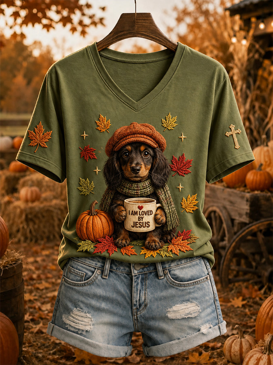 Women's Jesus Loves Dachshund Fall Leaves Print Short-sleeved T-shirt