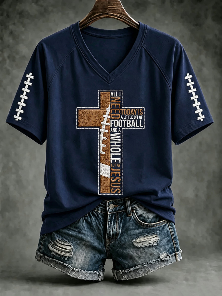 Women's Football And Jesus Faith Print V-neck T-shirt
