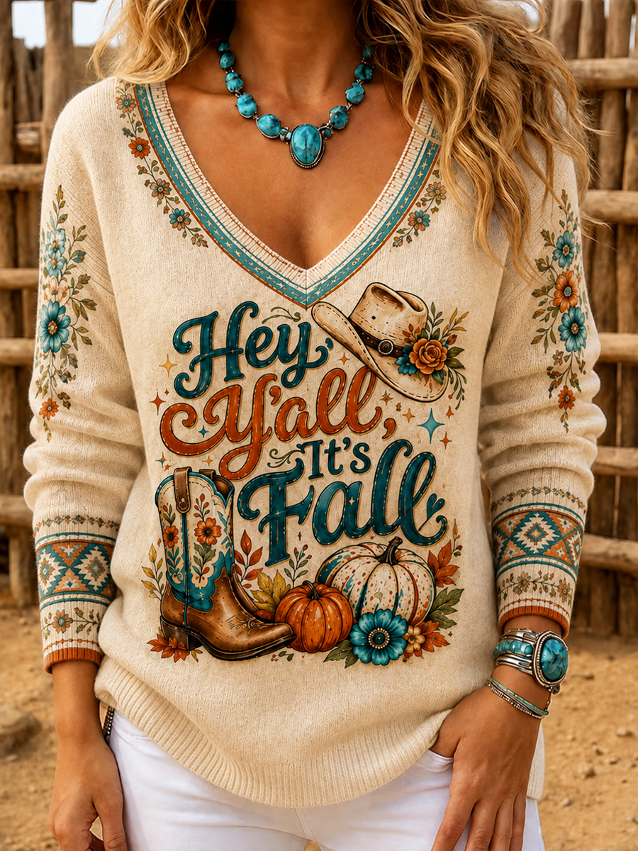 Women's V-Neck Western-style autumn printed Ribbed Top