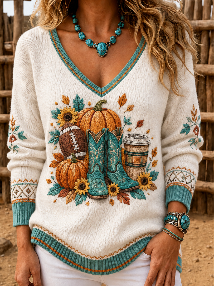 Women's V-Neck Western-style autumn printed Ribbed Top