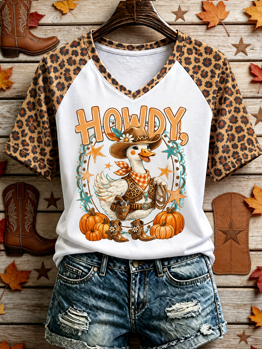 Women's Western-style autumn printed V-neck off-shoulder short-sleeved T-shirt