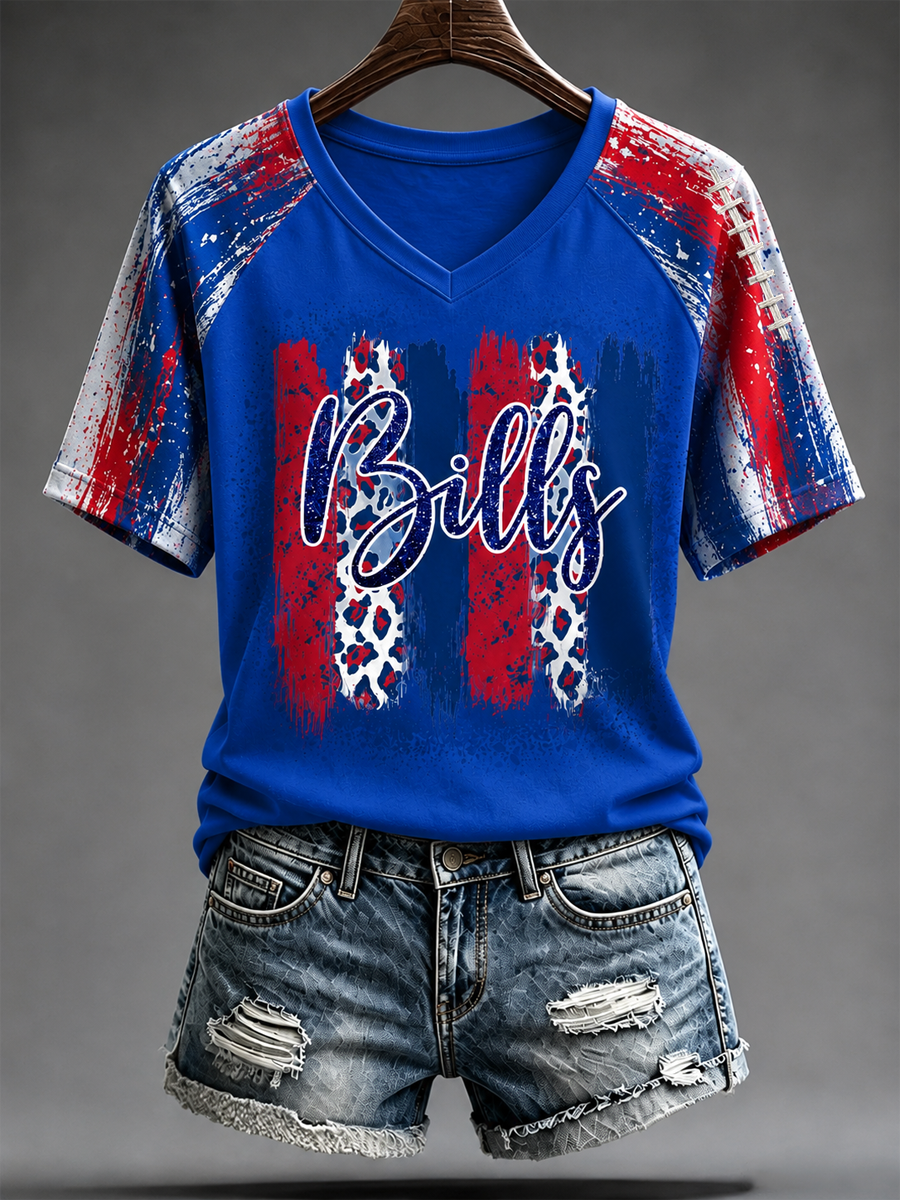 Women's Football Lover Bulls BUF Art Printed V-neck off-shoulder short-sleeved T-shirt