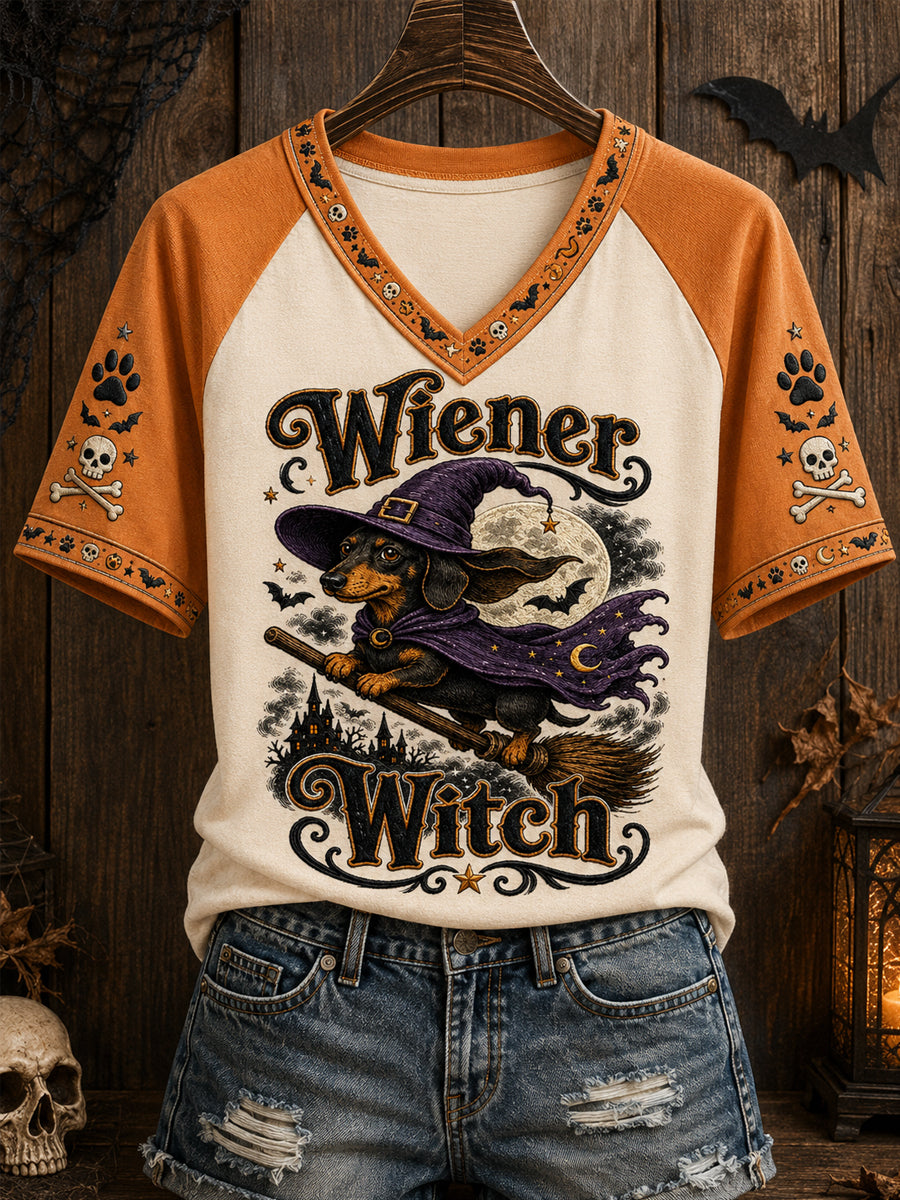 Women's Funny Halloween Dog Witch Print Casual V-Neck Tee
