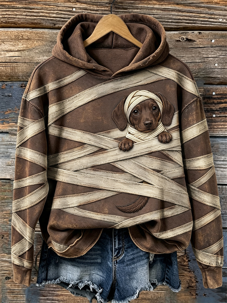 Women's Halloween Peeking Dachshund Dog Mummy Bandages Print Cozy Hoodie