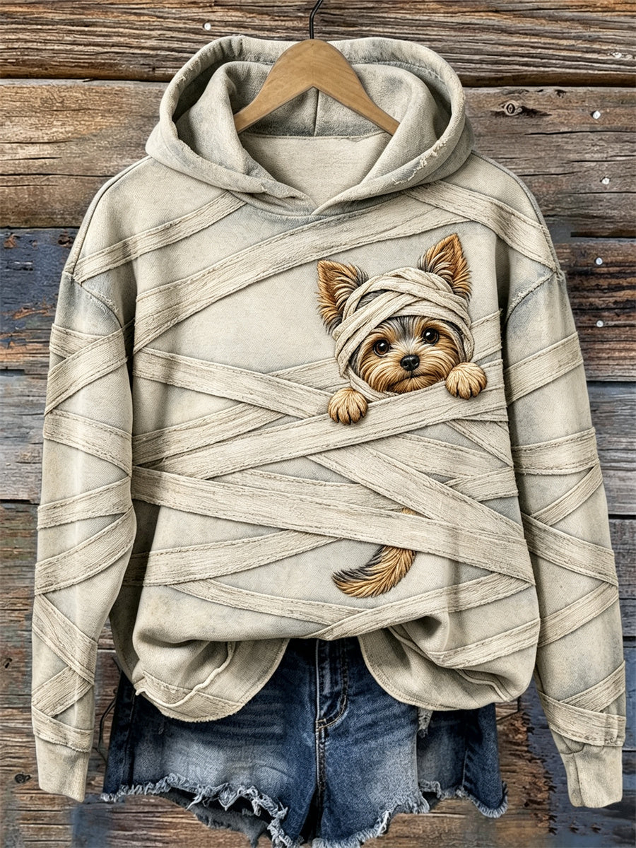 Women's Halloween Peeking Yorkshire Dog Mummy Bandages Print Cozy Hoodie