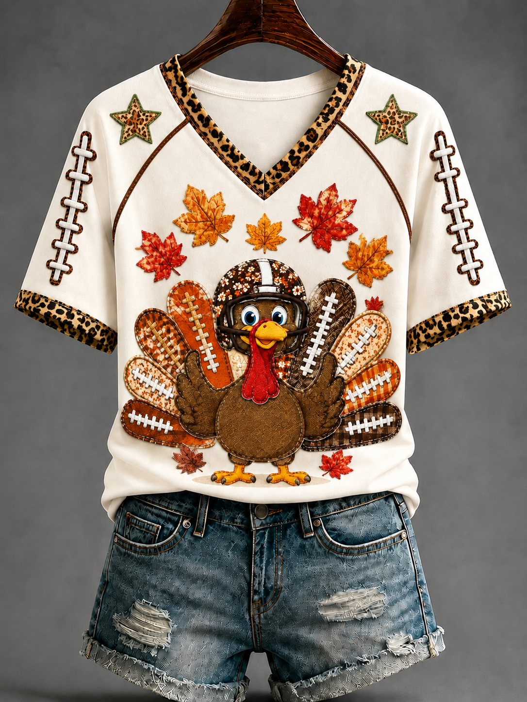 Women's Fun Turkey Rugby V-neck Off-shoulder Short-sleeved T-shirt