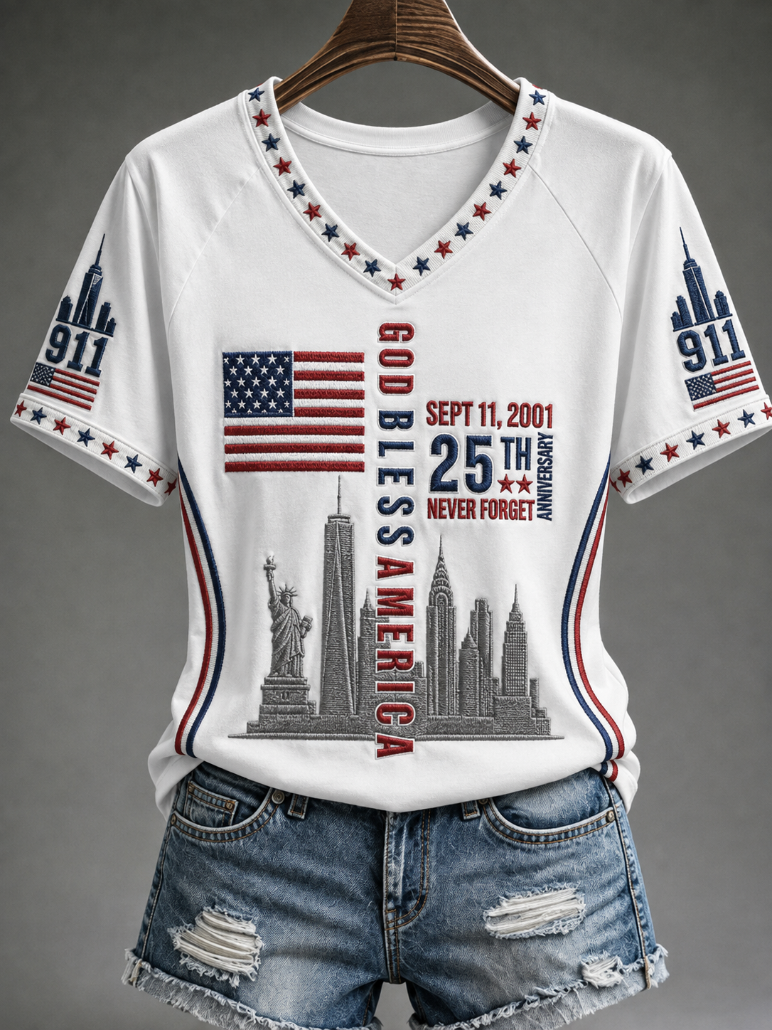 Women's WE WILL NEVER FORGET 2001/25TH/2026 God Bless America T-shirt