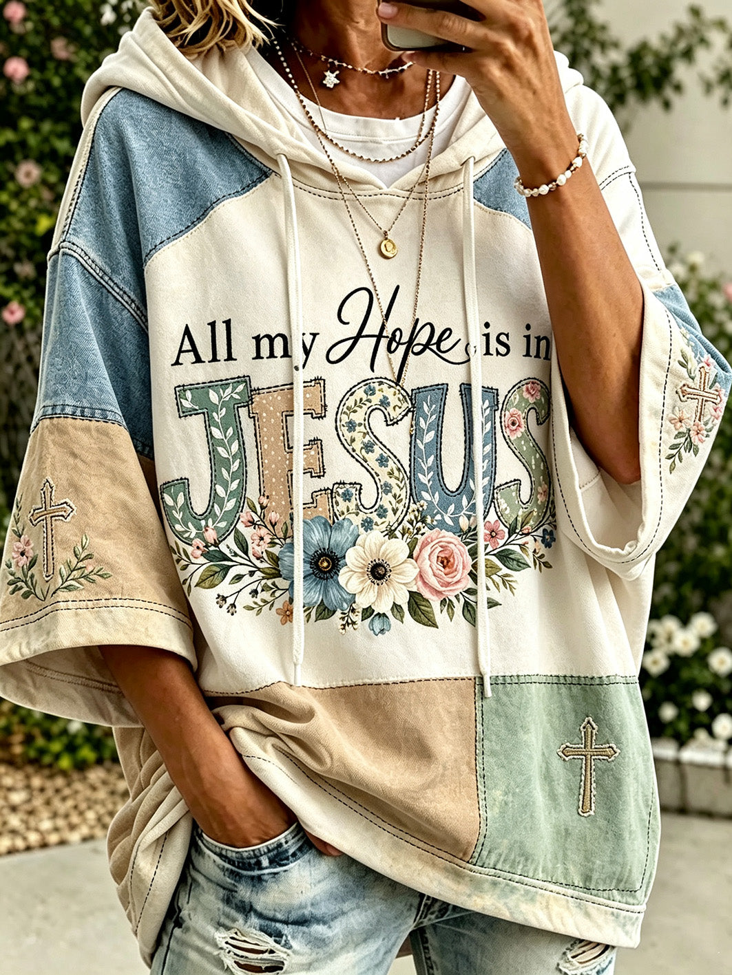 Women's faith-themed color-blocked design casual hoodie