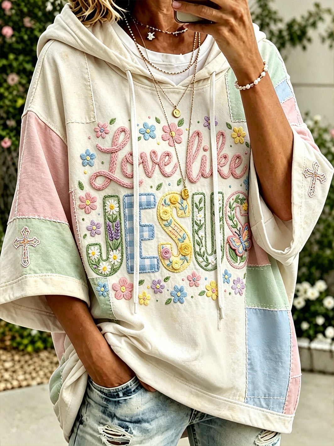 Women's faith-themed color-blocked design casual hoodie