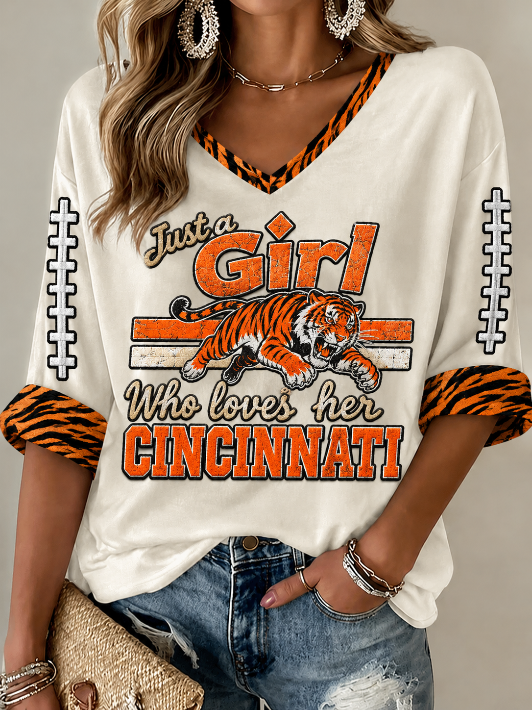Women's Football Mid-length Sleeves V-Neck T-Shirt