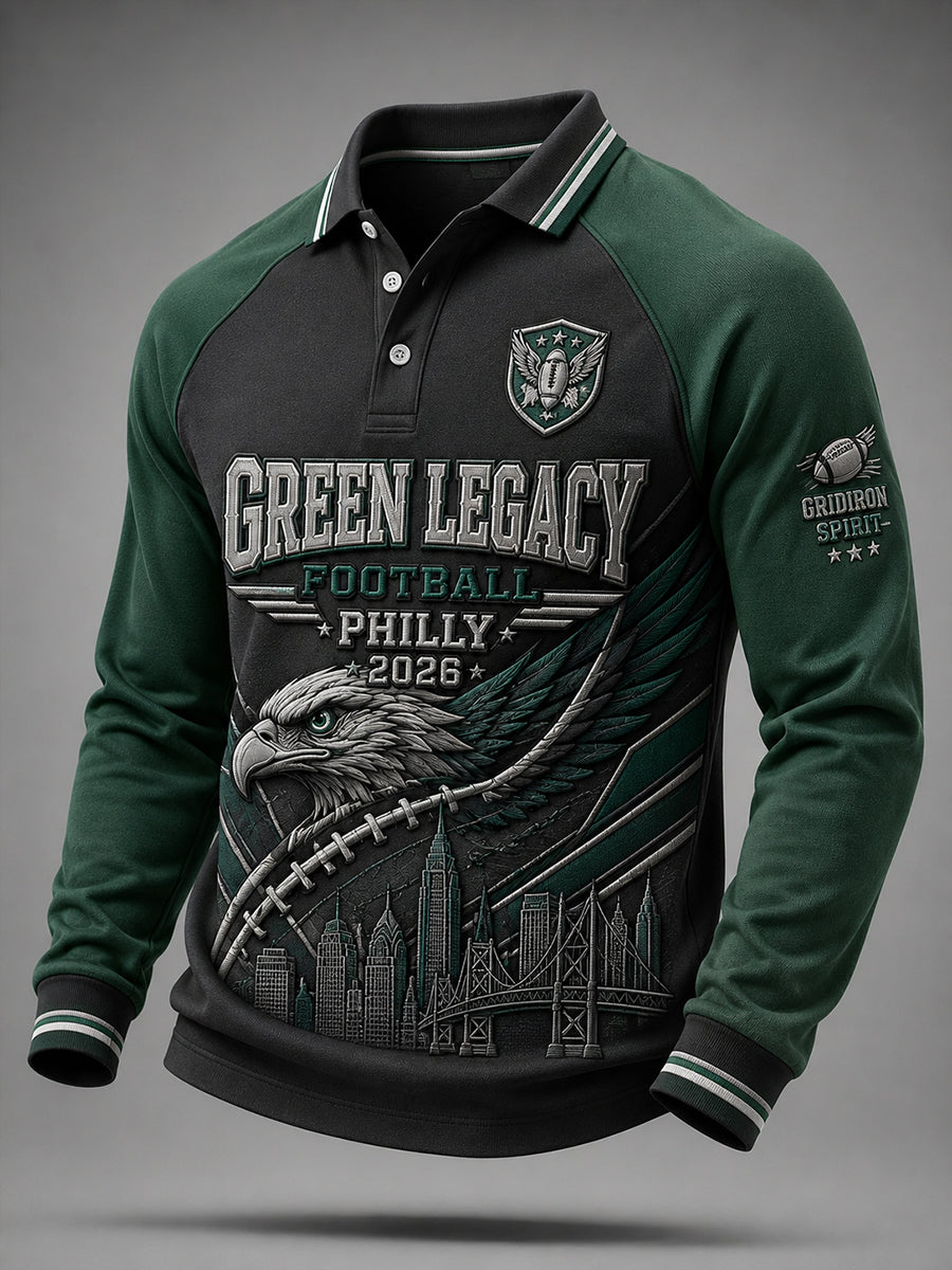 Men's Raglan-Sleeve Long-Sleeve Polo Shirt With Rugby-Themed Print