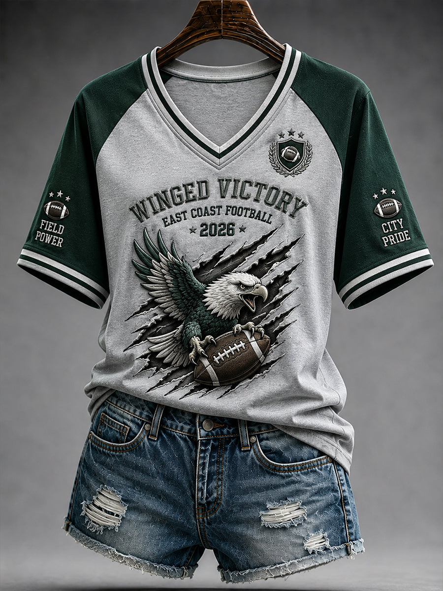 Women's Rugby-Themed Print Raglan-Sleeve V-Neck Top