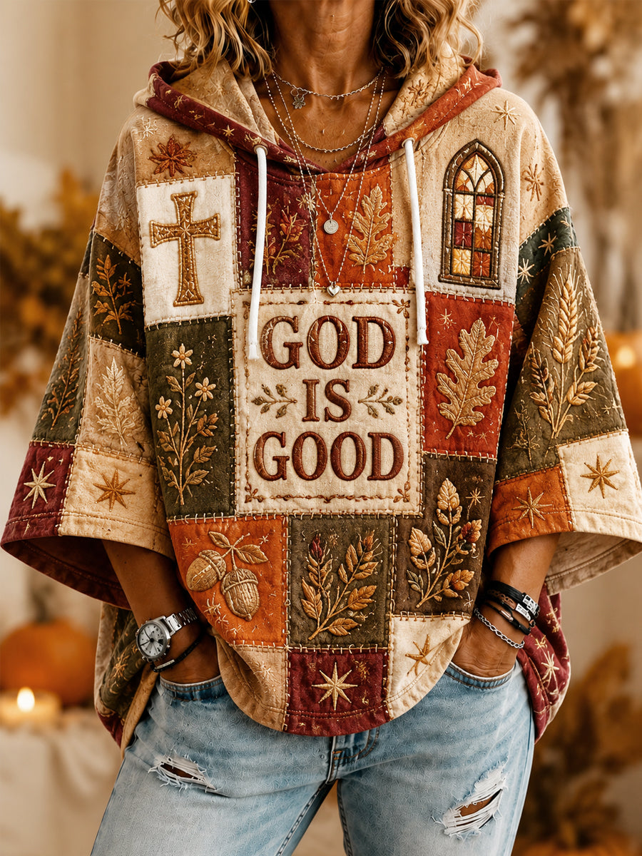 Women’s Fall Christian God Is Good Patchwork Print Casual 3/4 Sleeve Hoodie