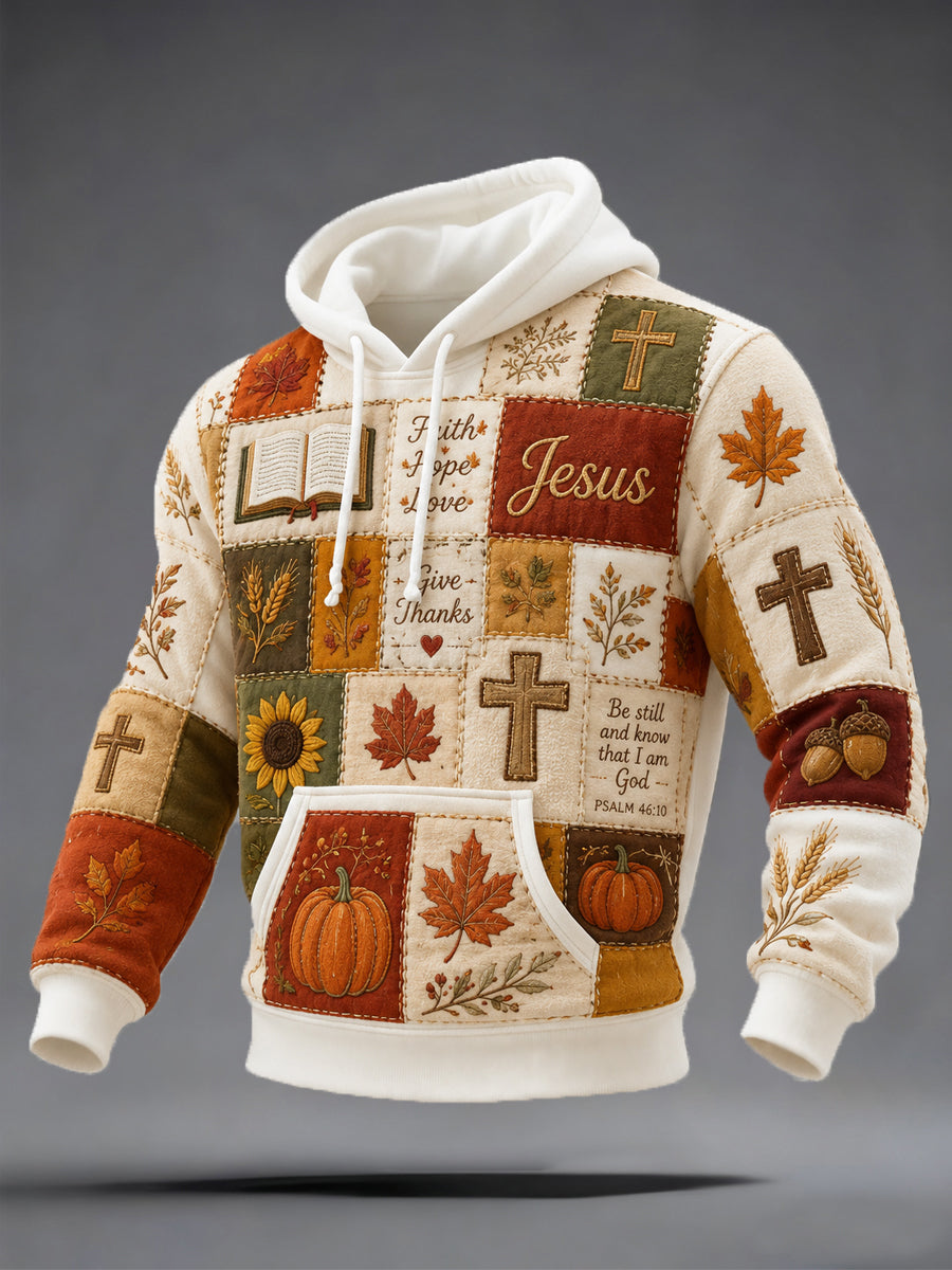Men's Fall Christian Patchwork Print Casual Waffle Hoodie