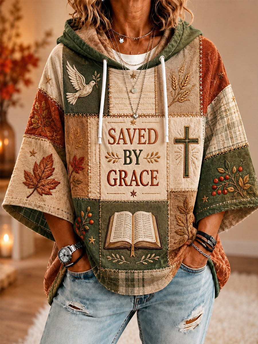 Women’s Fall Christian Saved By Grace Patchwork Print Casual 3/4 Sleeve Hoodie