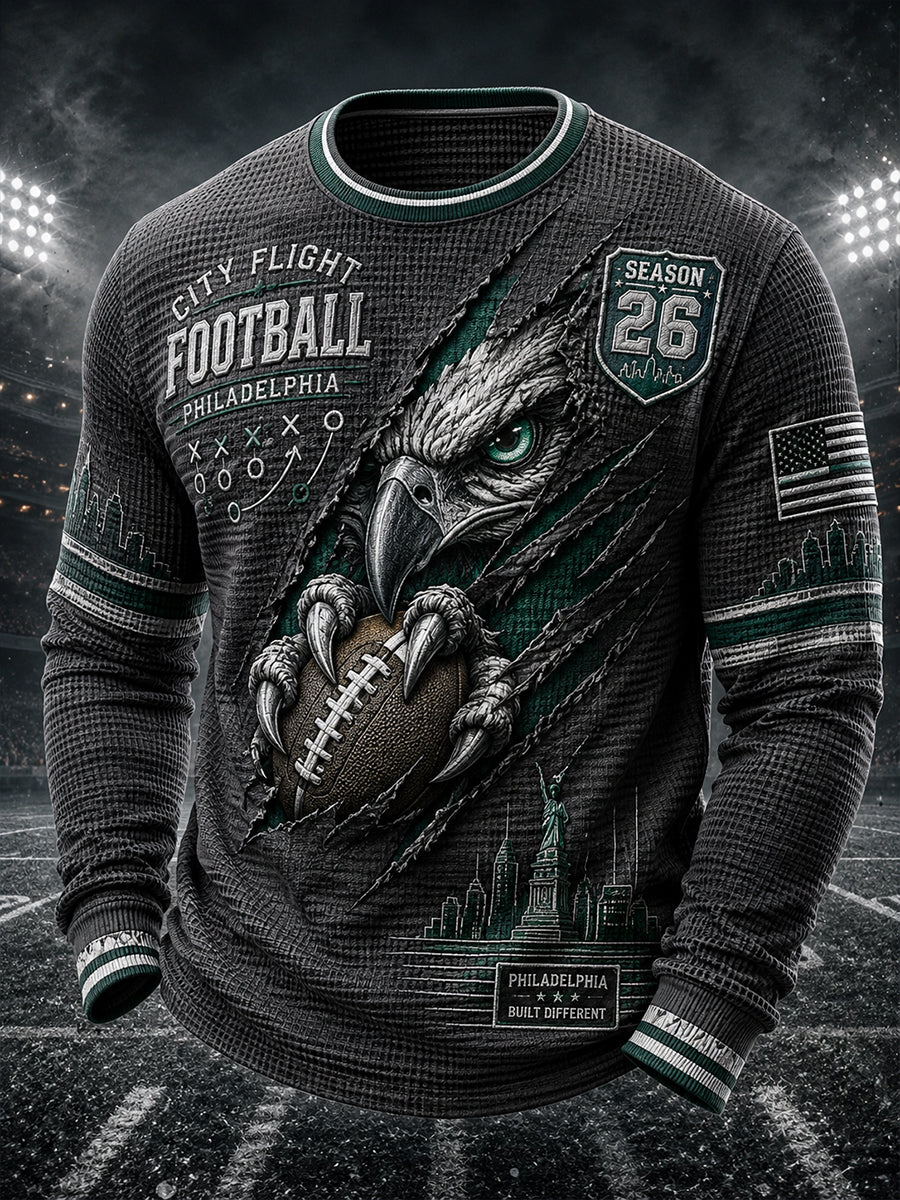 Men's Retro Rugby Print Waffle Long-Sleeve T-Shirt