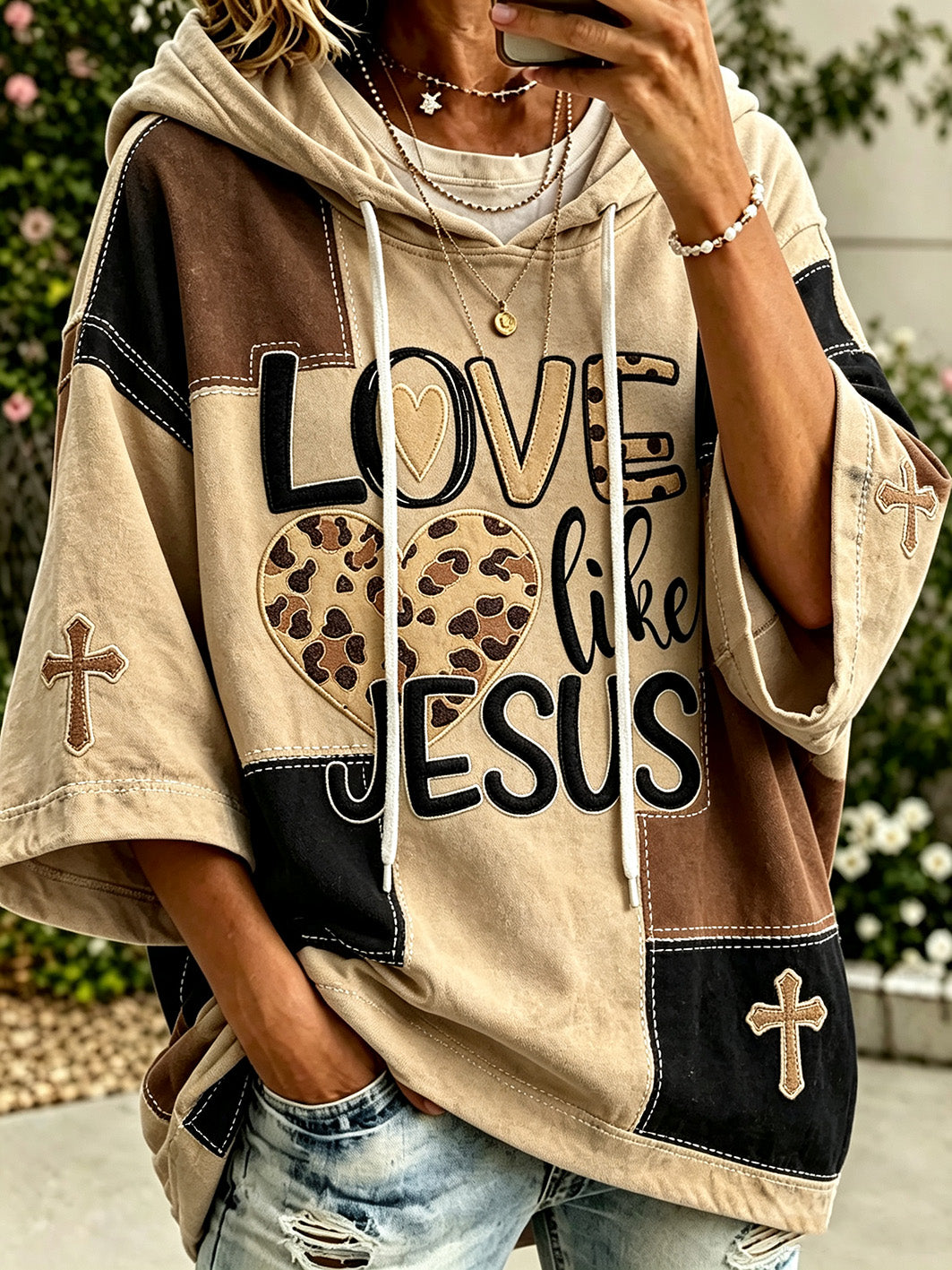 Women's faith-themed color-blocked design casual hoodie