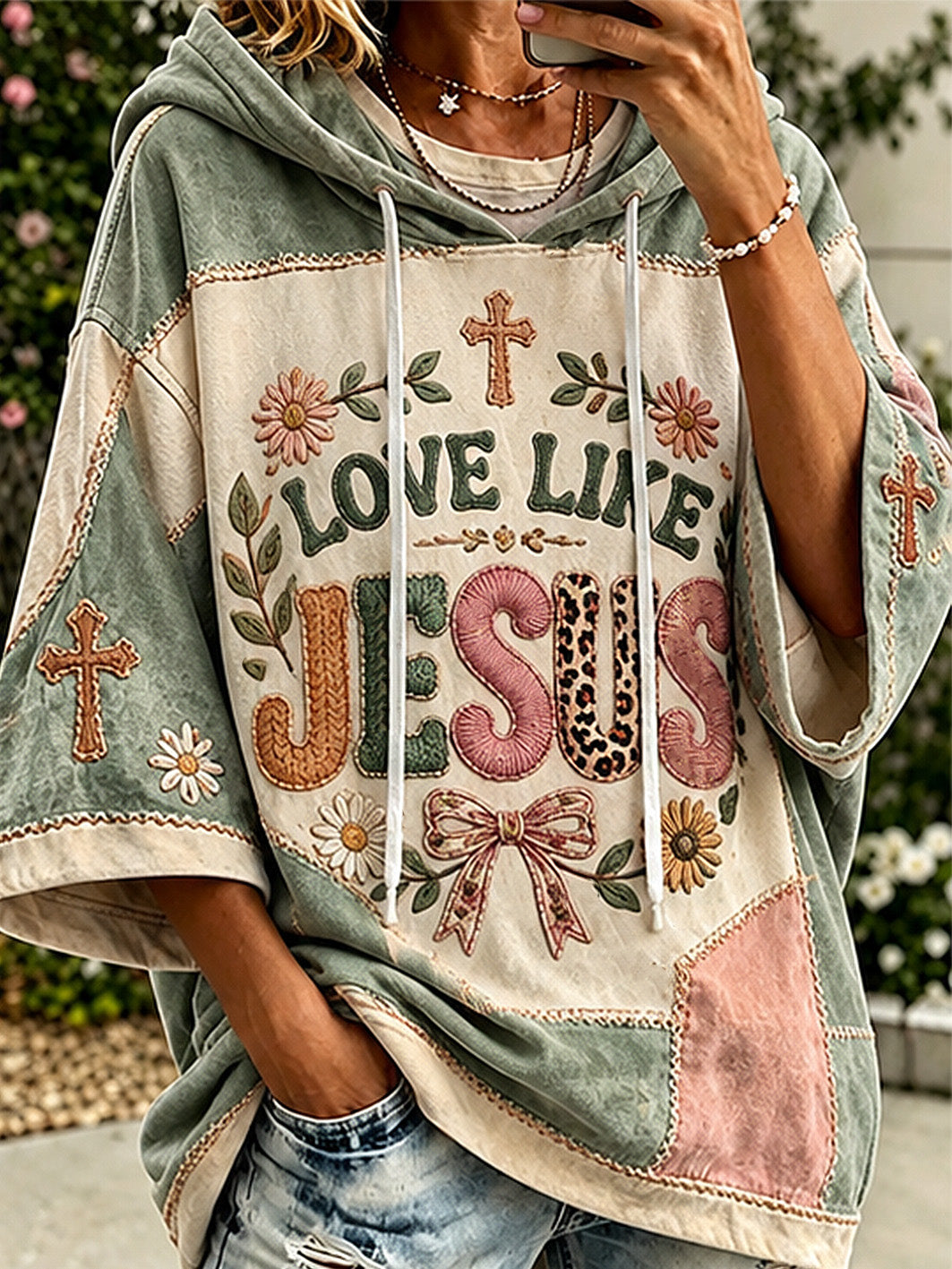 Women's faith-themed color-blocked design casual hoodie