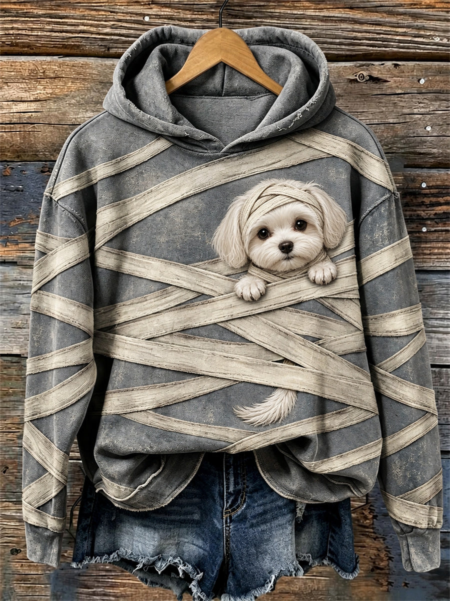 Women's Halloween Peeking Mummy Maltese Dog Bandages Print Hoodie