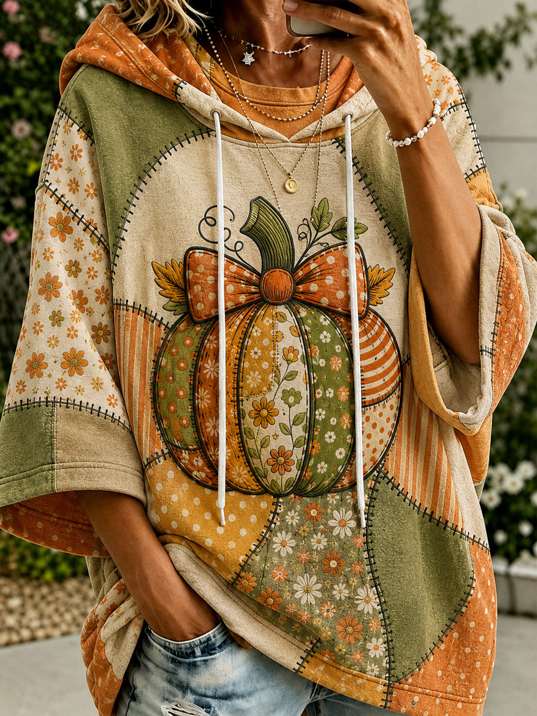Women's Autumn Pumpkin Pattern Color-Blocked Design Casual Hoodie