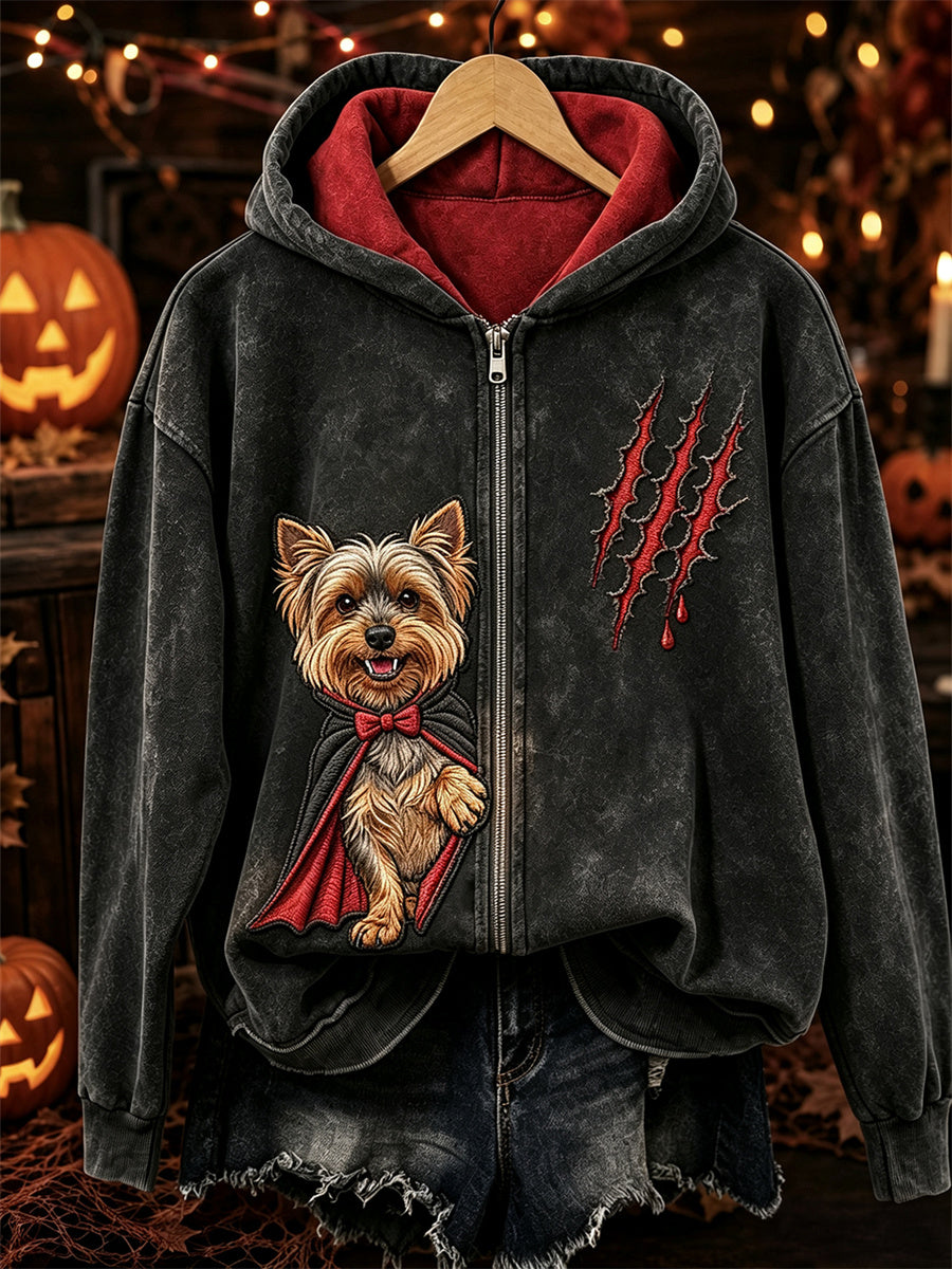 Women's Halloween Peeking Yorkshire Dog Vampire Print Full Zip Hoodie