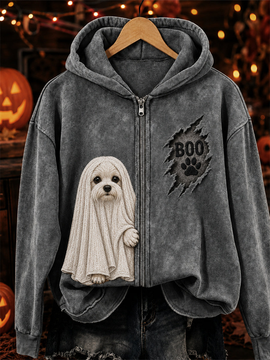 Women's Boo Halloween Peeking Maltese Dog Ghost Print Full Zip Hoodie