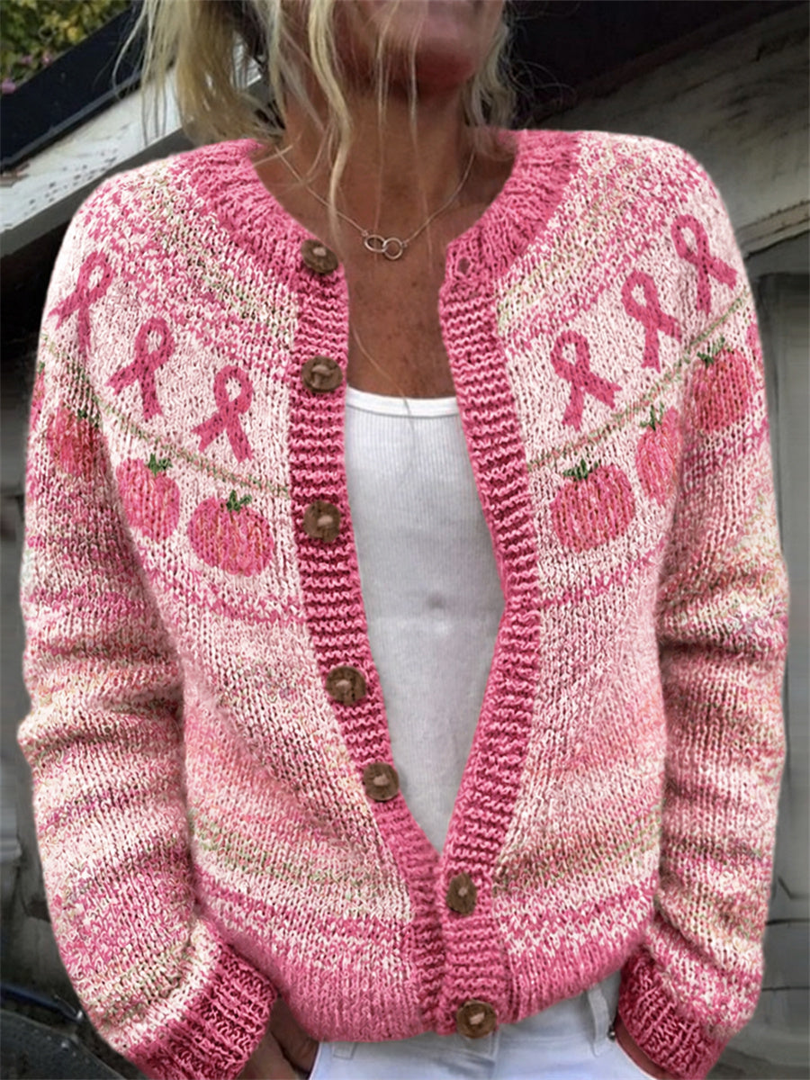 Women's Vintage Pink Pumpkins & Pink Ribbon Yoke Pattern Print Cardigan