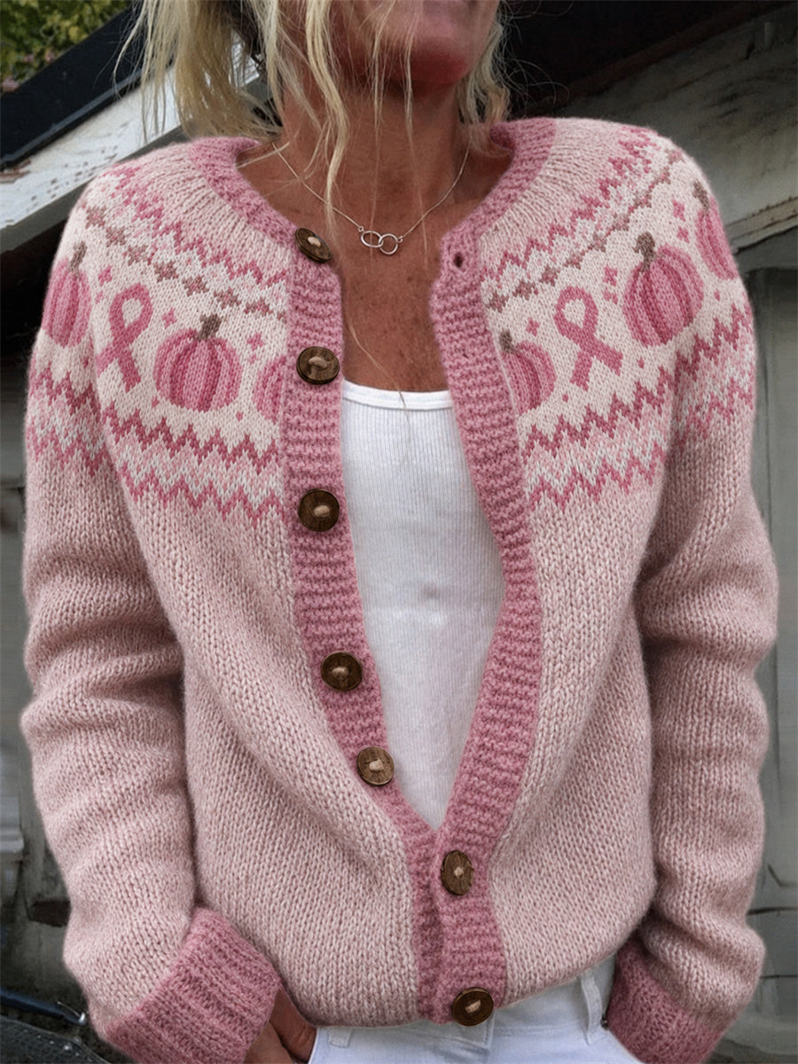 Women's Vintage Pink Pumpkins & Pink Ribbon Yoke Isle Pattern Print Cardigan