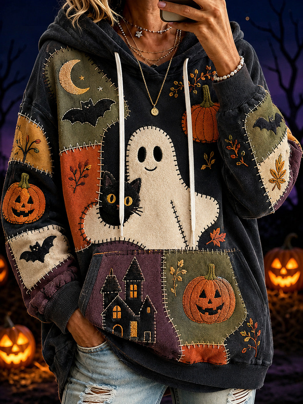 Women's Halloween-themed print and color-blocked design casual hoodie