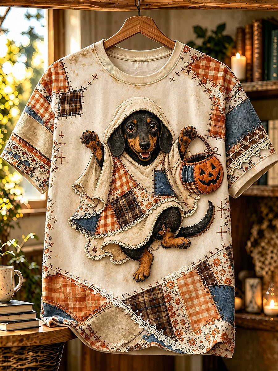 Women's Halloween Animal Dog Printed Vintage Fashion Loose Short Sleeve T-Shirt