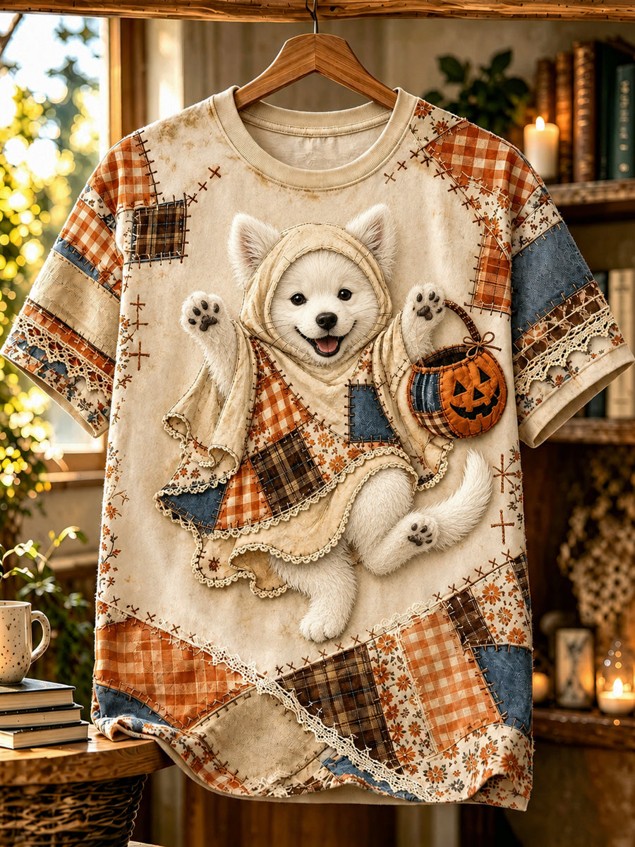 Women's Halloween Animal Dog Printed Vintage Fashion Loose Short Sleeve T-Shirt