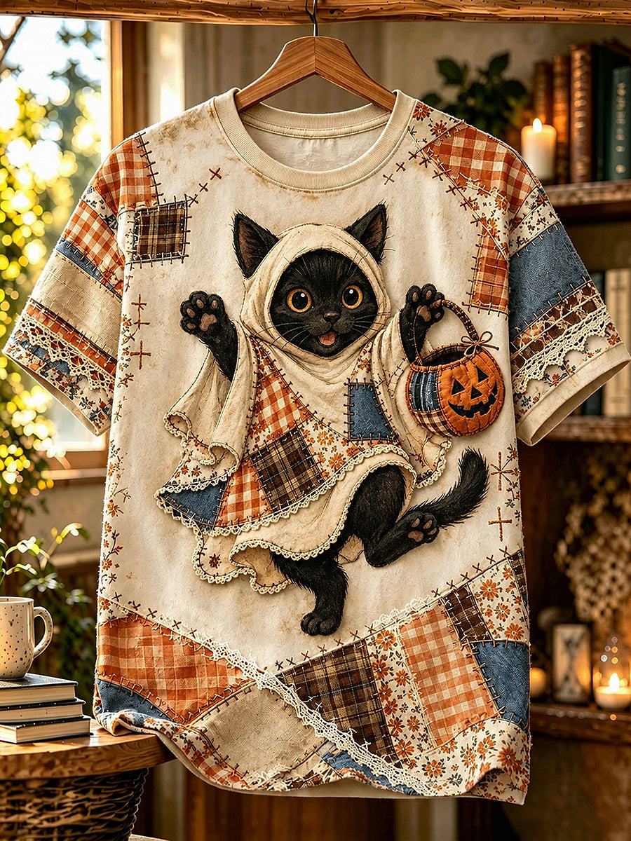 Women's Halloween Animal Cat Printed Vintage Fashion Loose Short Sleeve T-Shirt