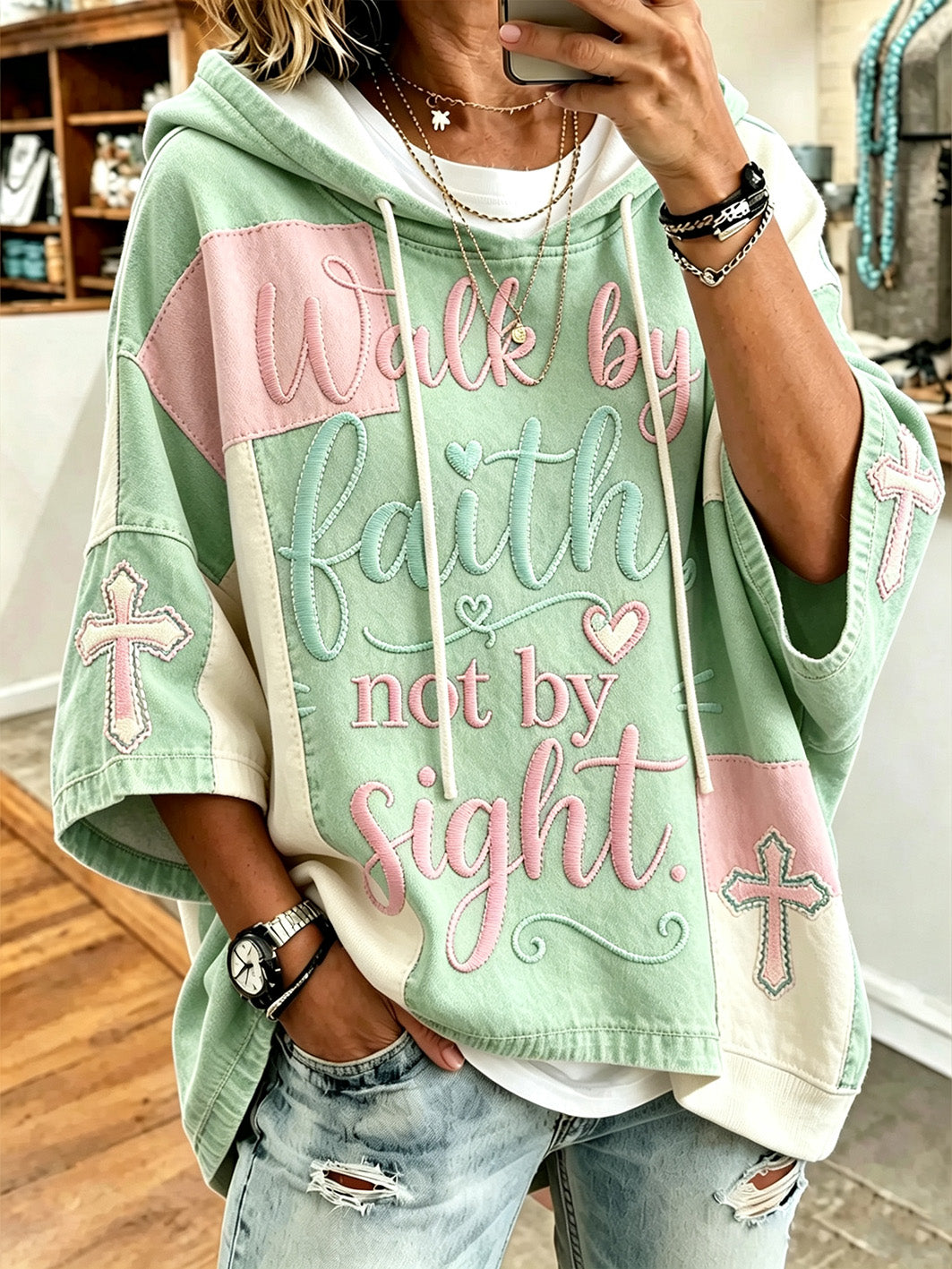 Women's faith theme slogan color-blocked design casual hoodie