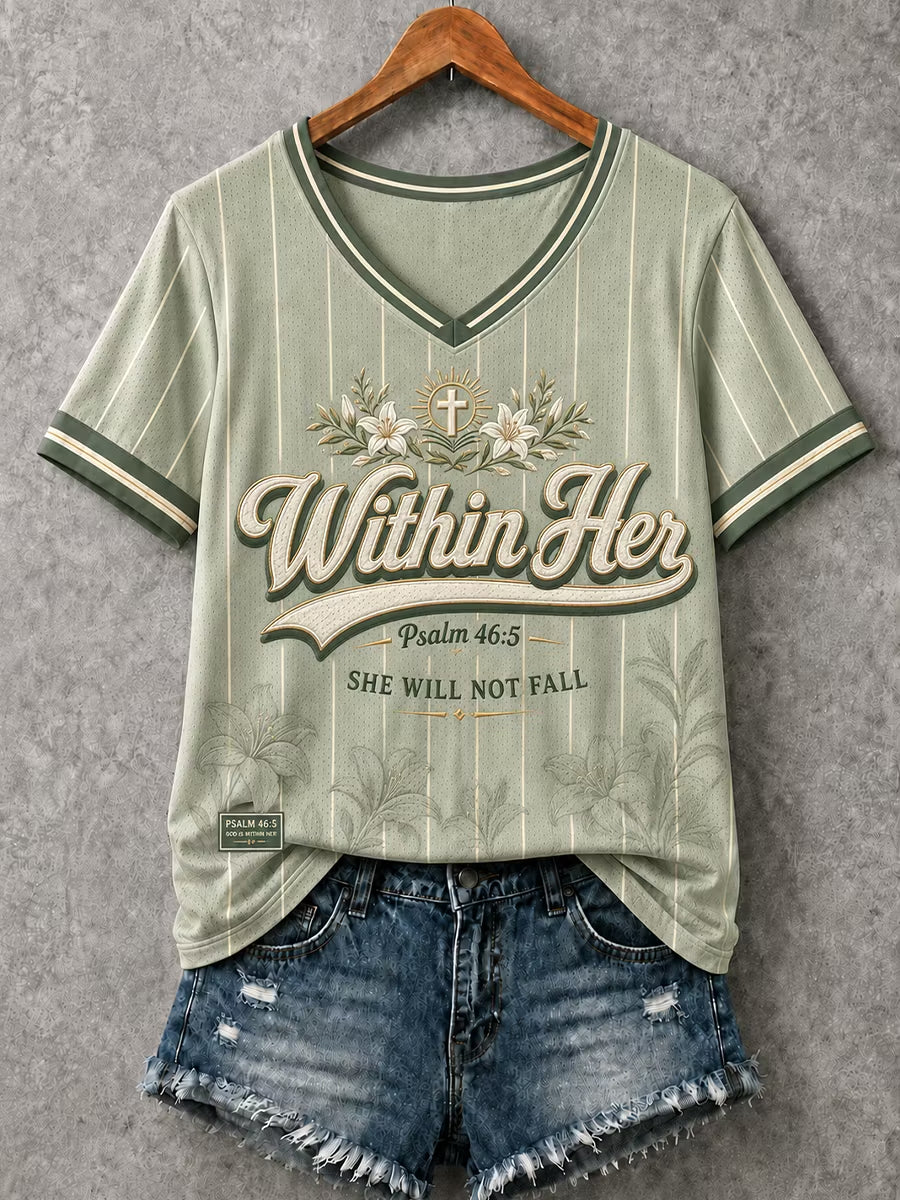 Women's Christian Psalm 46:5 "God Is Within Her" V-Neck Short Sleeve T-shirt