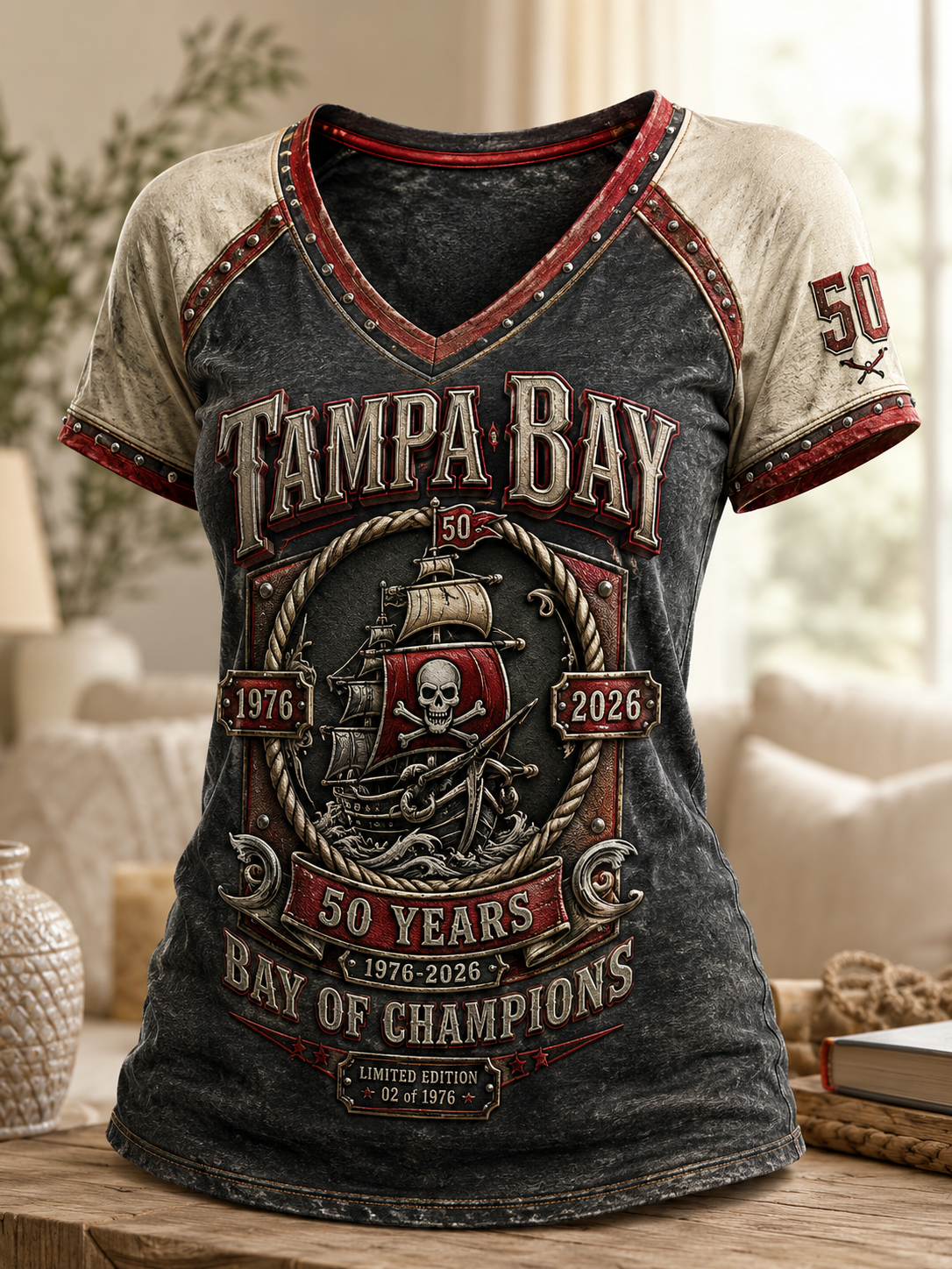 Women's Tampa Bay Buccaneers V-Neck Off-Shoulder Short-Sleeved T-Shirt