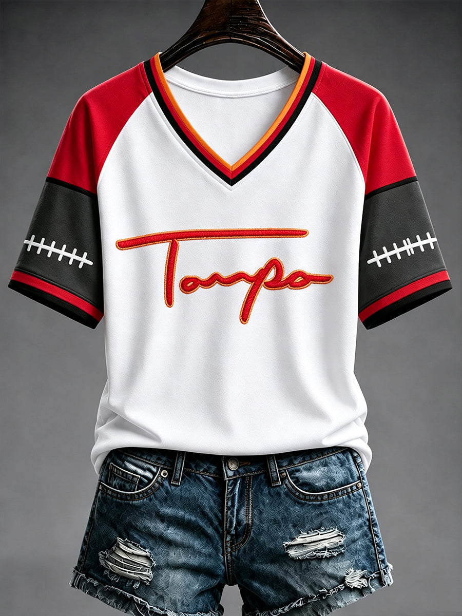 Women's Football Fan Print V-neck T-shirt