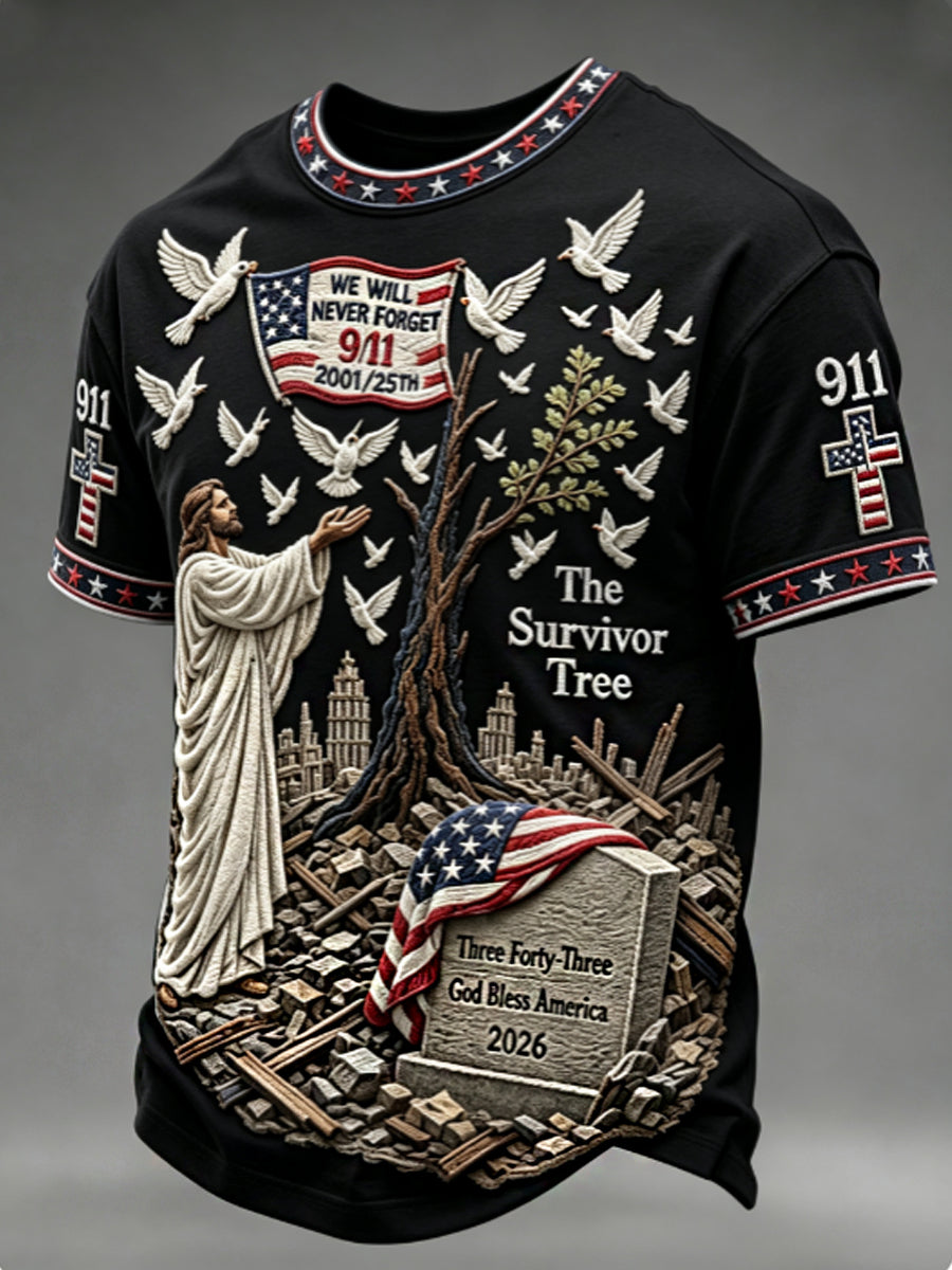 Men's WE WILL NEVER FORGET 2001/25TH/2026 God Bless America T-shirt