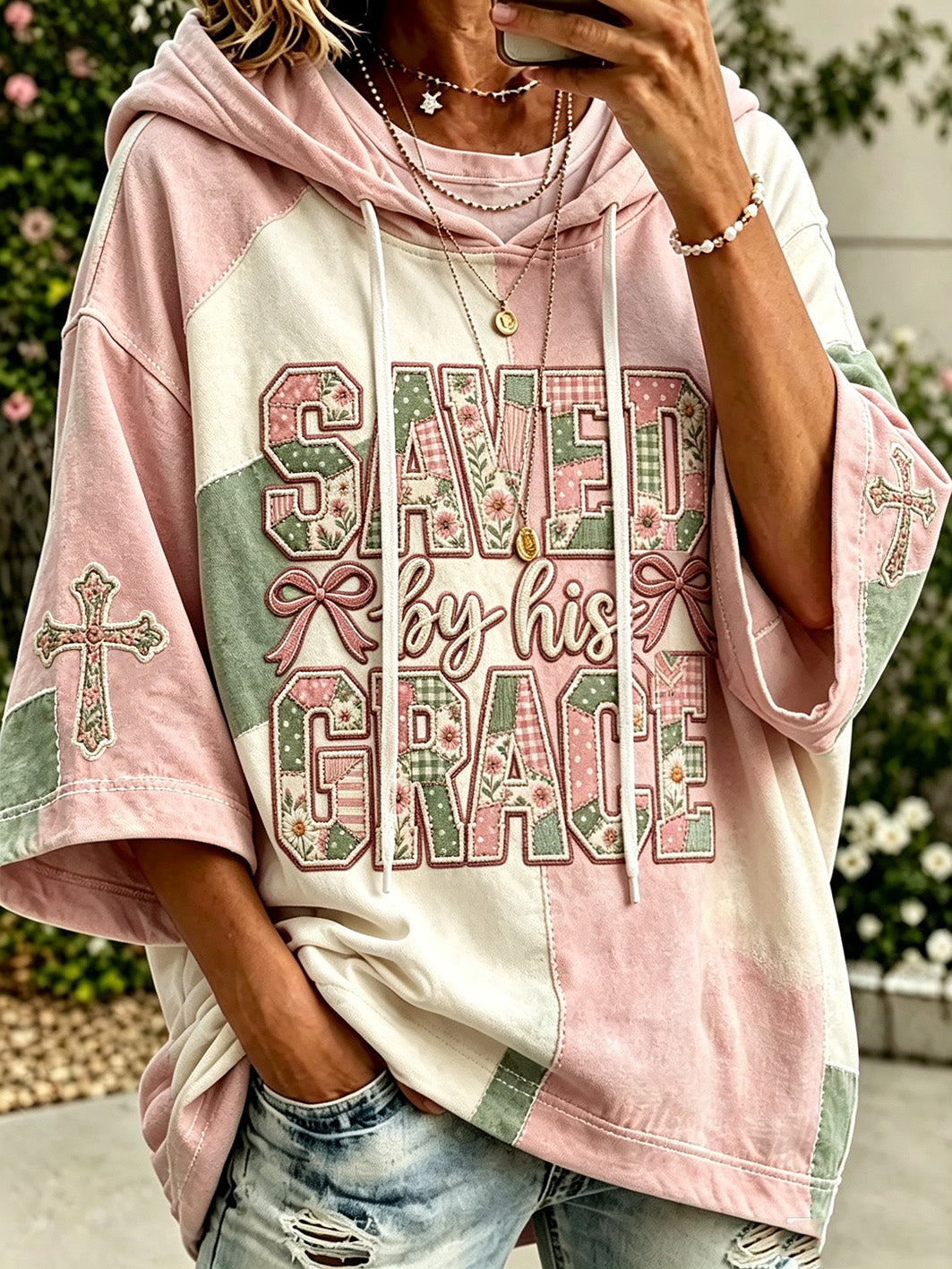 Women's faith theme slogan pattern color-blocked design casual hoodie