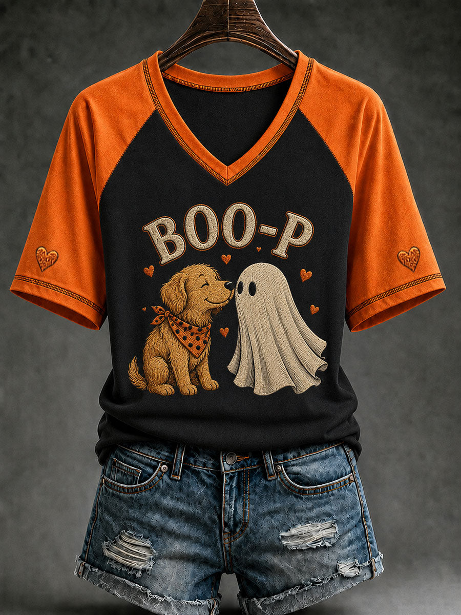 Women's Halloween Boo-P Dog Printed V-neck T-shirt