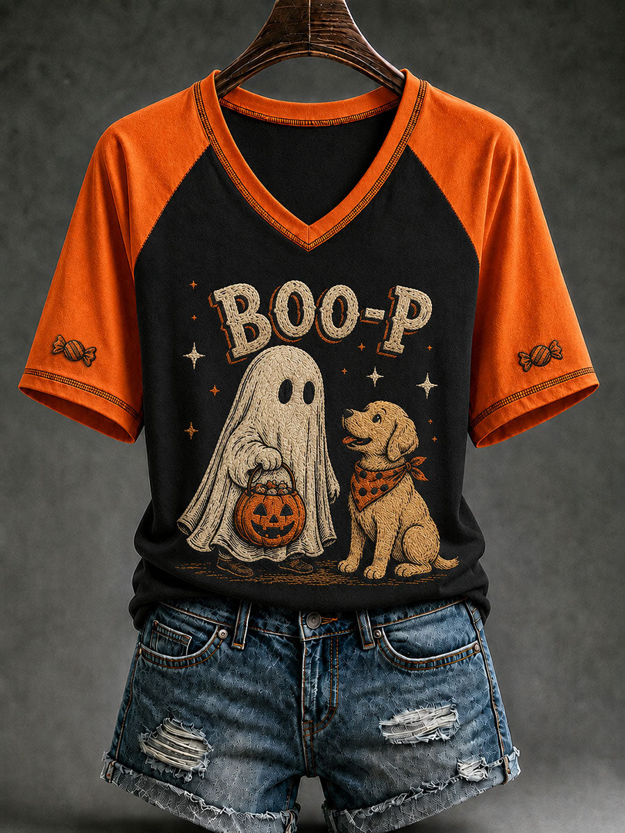Women's Halloween Boo-P Dog Printed V-neck T-shirt