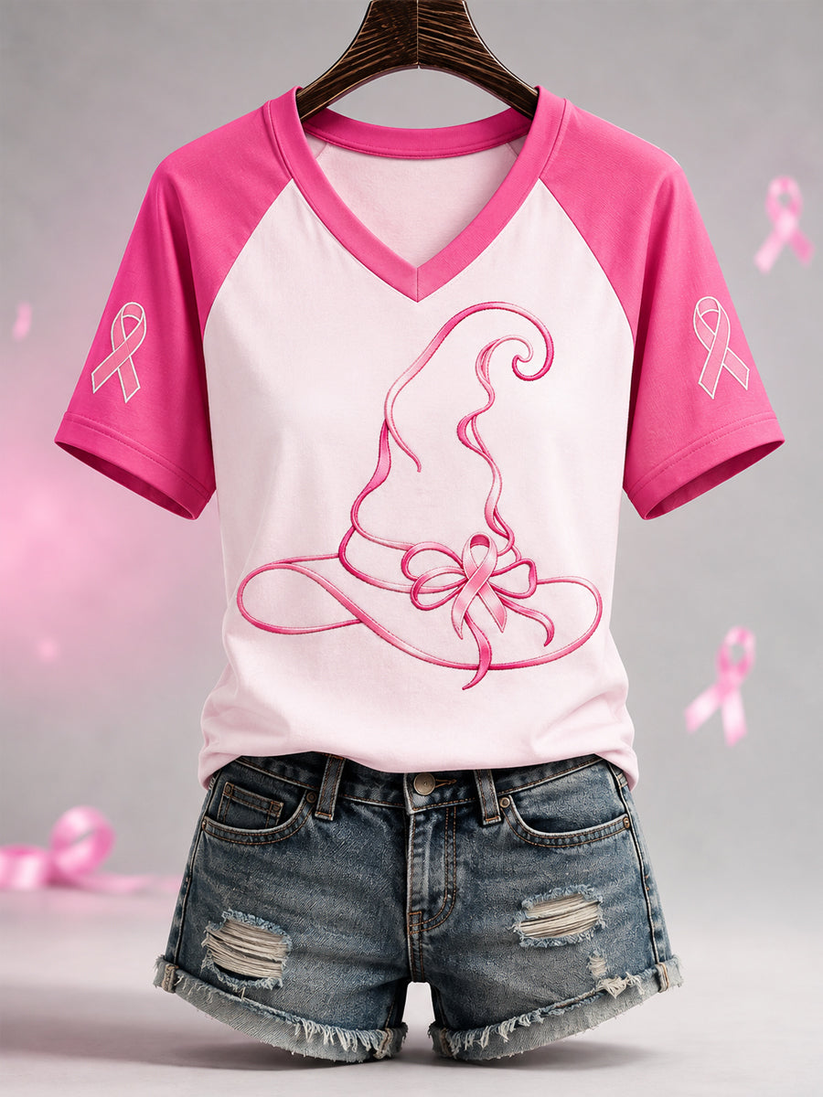 Women's Pink Ribbon Halloween Witch Hat Print Breast Cancer Awareness Support V-Neck Tee